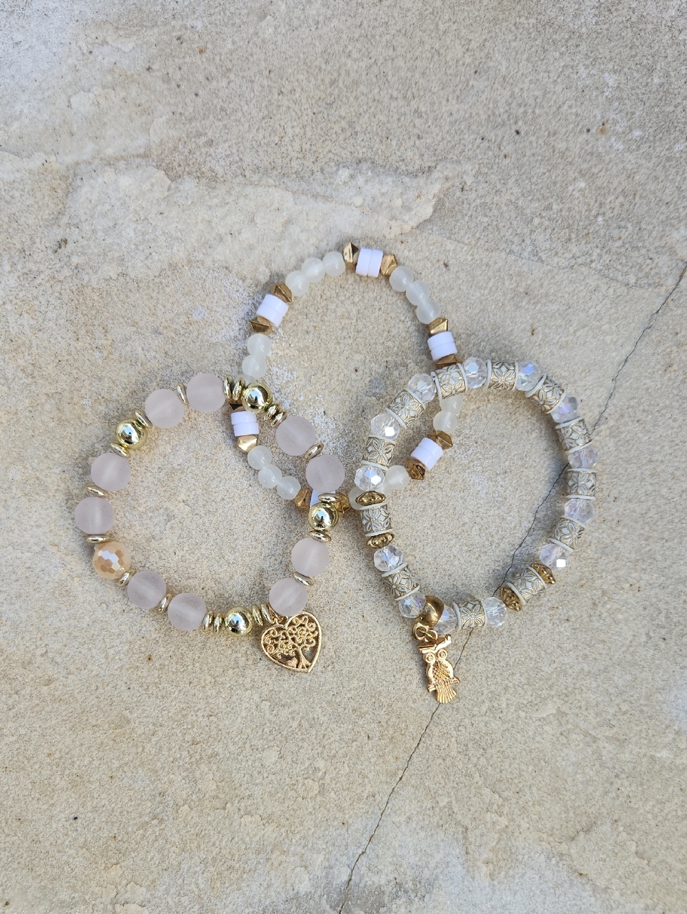 Deatiled Beaded Bracelet Set Gold Toned Metal Owl Heart Dangles Opaque White